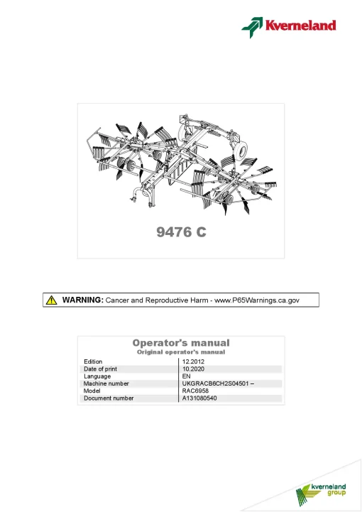 Kverneland 9476C Rakes Multi rotors 2020 North America Operation Maintenance Manual PDF download