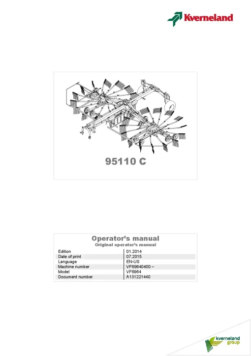 Kverneland 95110C Rakes Multi rotors 2015 Operation Maintenance Manual PDF download