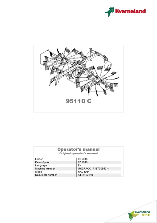 Kverneland 95110C Rakes Multi rotors 2018 Operation Maintenance Manual PDF download