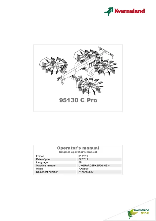 Kverneland 95130C Pro Rakes 4 rotors 2019 Operation Maintenance Manual PDF download