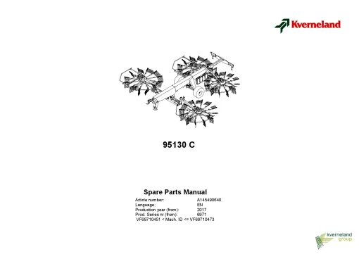 Kverneland 95130C Rakes 4 rotors 2017 Parts Manual Catalog Pdf Download