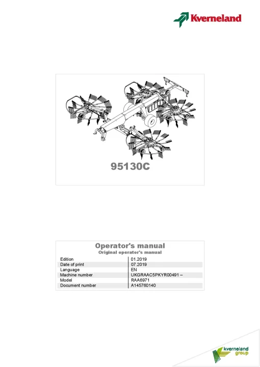 Kverneland 95130C Rakes 4 rotors 2019 Operation Maintenance Manual PDF download