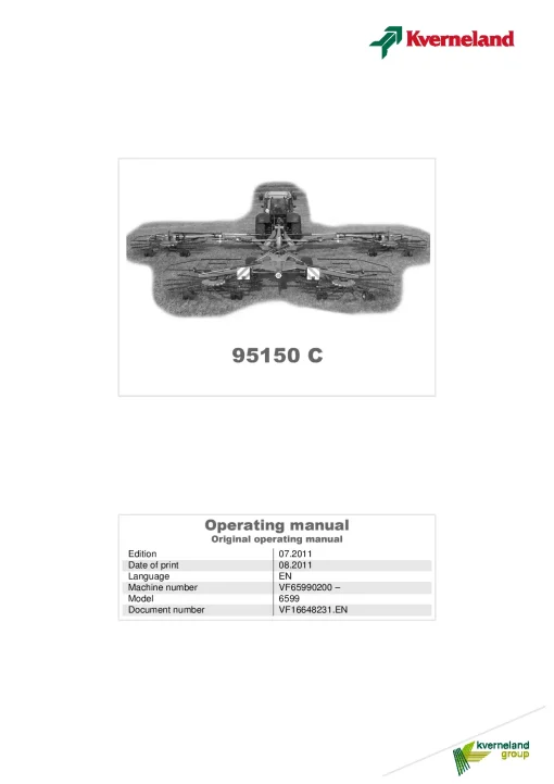 Kverneland 95150C Rakes 4 rotors 2011 Operation Maintenance Manual PDF download