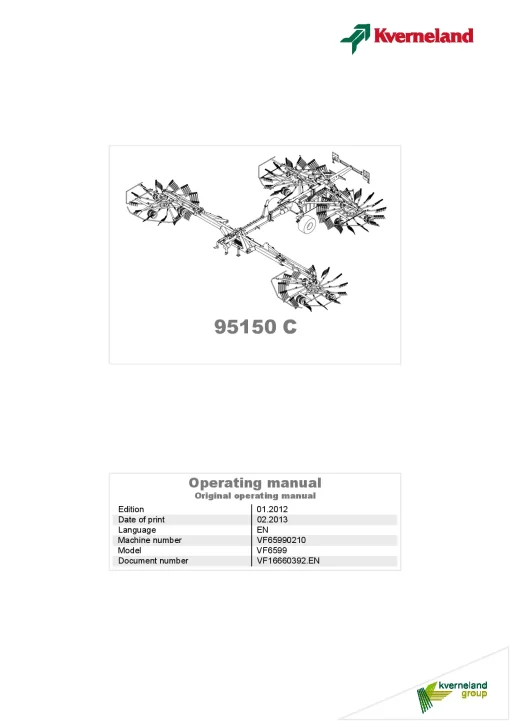 Kverneland 95150C Rakes 4 rotors 2012 Operation Maintenance Manual PDF download