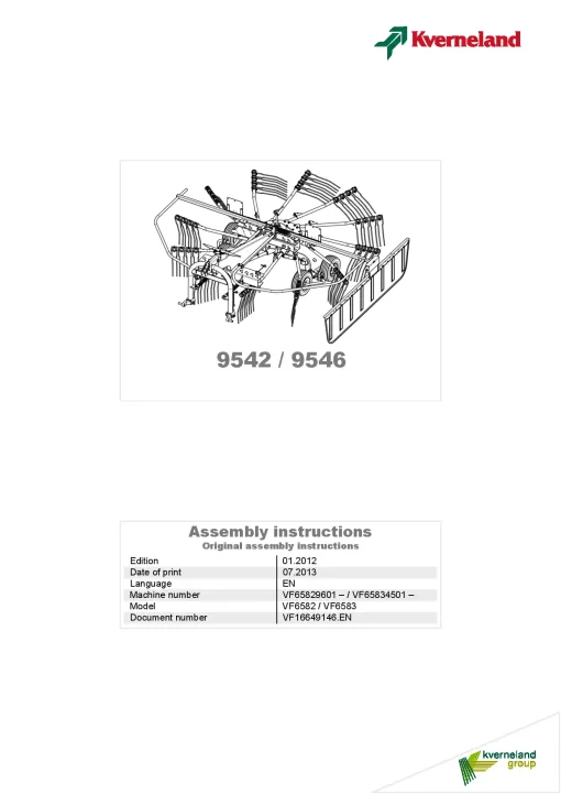 Kverneland 9542 9546 Rakes Single rotor 2011 Operation Maintenance Manual PDF download
