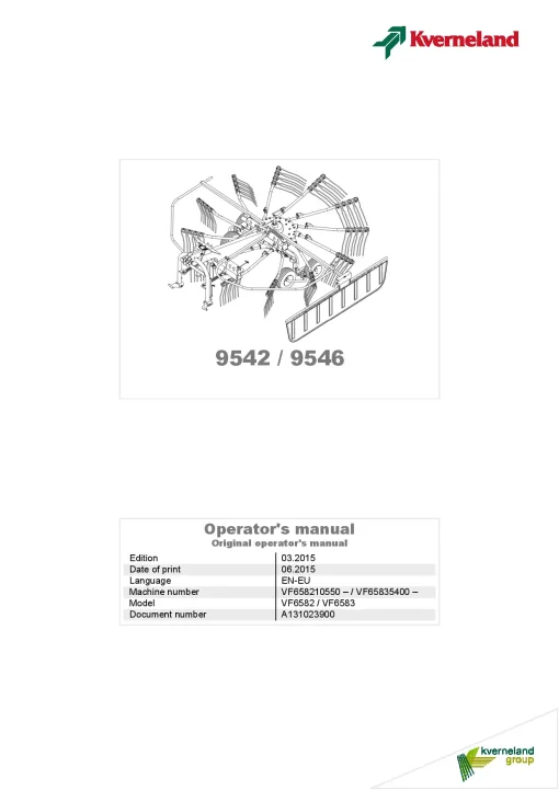 Kverneland 9542 9546 Rakes Single rotor 2015 Operation Maintenance Manual PDF download