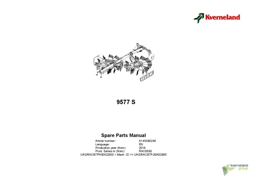 Kverneland 9577 S Rakes Multi rotors 2018 Sn 02850-02865 Parts Manual Catalog Pdf Download