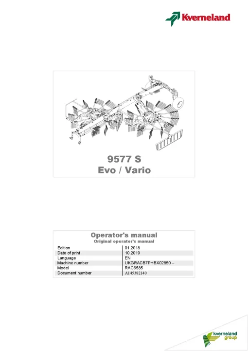Kverneland 9577S EVO-Vario Rakes Multi rotors 2019 Operation Maintenance Manual PDF download