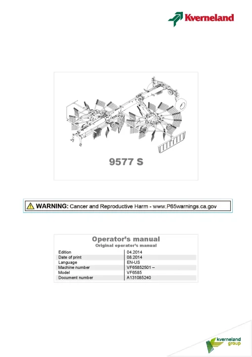 Kverneland 9577S Rakes Multi rotors 2014 US Operation Maintenance Manual PDF download