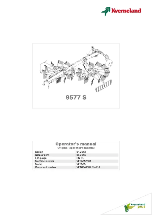 Kverneland 9577S Rakes Multi rotors 2015 Operation Maintenance Manual PDF download