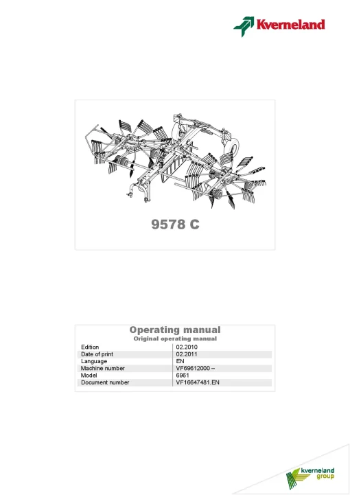 Kverneland 9578C Rakes Multi rotors 2010 Operation Maintenance Manual PDF download