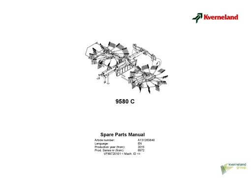 Kverneland 9580C Rakes Multi rotors 2015 Parts Manual Catalog Pdf Download
