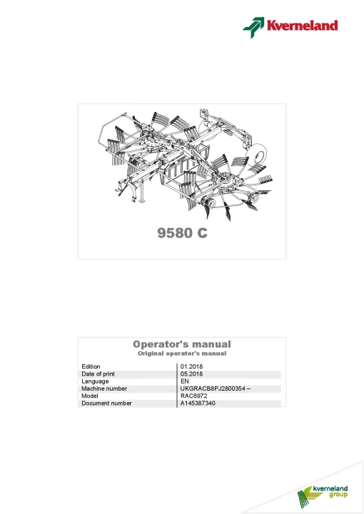 Kverneland 9580C Rakes Multi rotors 2018 Operation Maintenance Manual PDF download