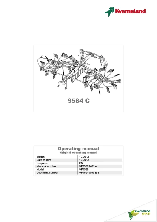 Kverneland 9584C Rakes Multi rotors 2012 Operation Maintenance Manual PDF download