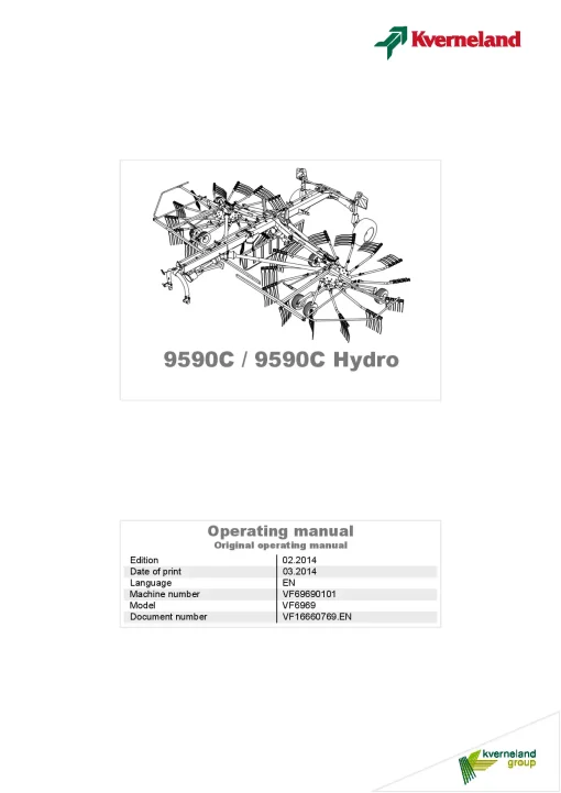 Kverneland 9590C Hydro Rakes Multi rotors 2014 Operation Maintenance Manual PDF download