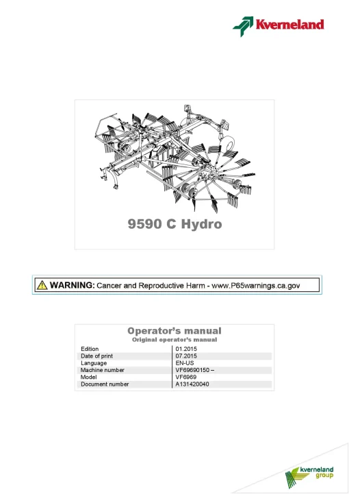 Kverneland 9590C Hydro Rakes Multi rotors 2015 North America Operation Maintenance Manual PDF download