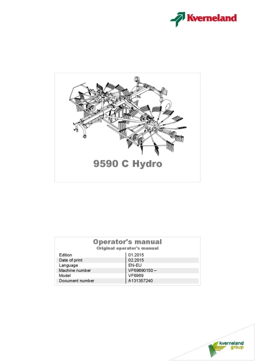 Kverneland 9590C Hydro Rakes Multi rotors 2015 Operation Maintenance Manual PDF download