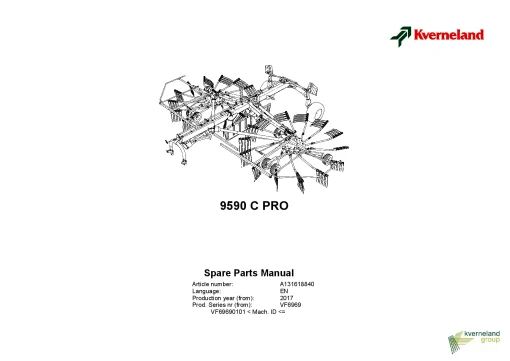 Kverneland 9590C Hydro Rakes Multi rotors 2017 Sn VF69690101 Parts Manual Catalog Pdf Download