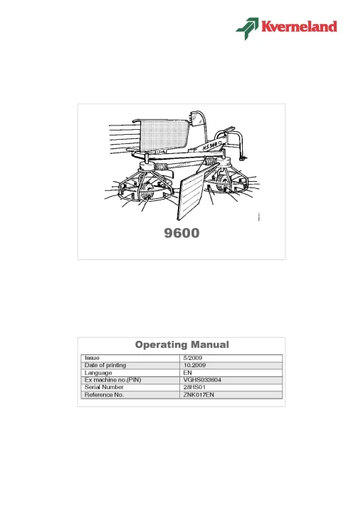 Kverneland 9600 Rake-tedders 2009 Operation Maintenance Manual PDF download