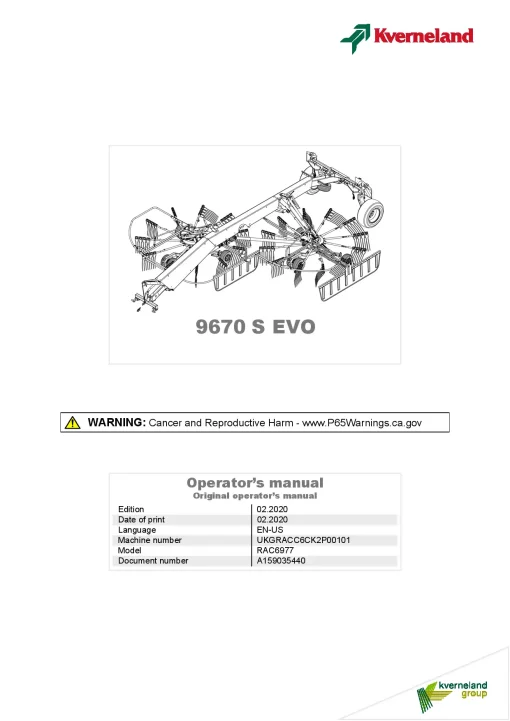 Kverneland 9670S EVO Rakes Multi rotors 2020 North America Operation Maintenance Manual PDF download