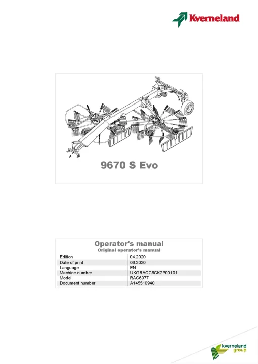 Kverneland 9670S EVO Rakes Multi rotors 2020 Operation Maintenance Manual PDF download