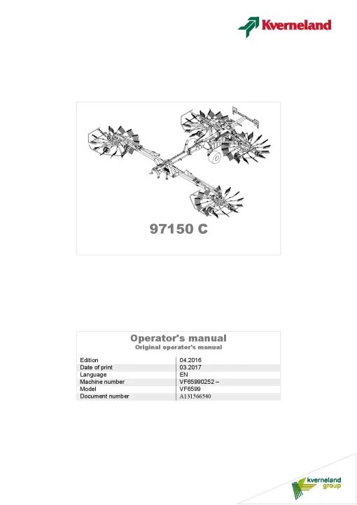 Kverneland 97150C Rakes 4 rotors 2016 Operation Maintenance Manual PDF download