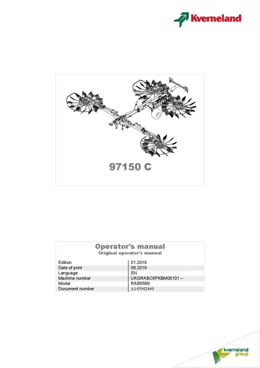 Kverneland 97150C Rakes 4 rotors 2019 Operation Maintenance Manual PDF download