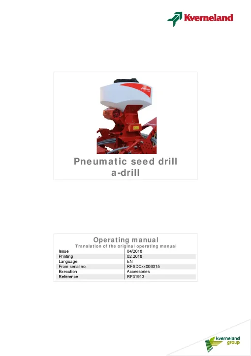 Kverneland A-drill Pneumatic seed Drill 2018 Operation Maintenance Manual PDF download