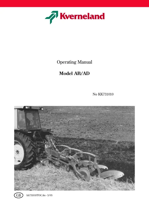 Kverneland AB AD Ploughs -Conventional- Mounted 2005 Operation Maintenance Manual PDF download