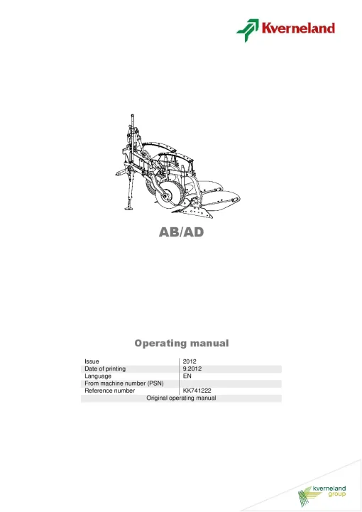 Kverneland AB AD Ploughs -Conventional- Mounted 2012 Operation Maintenance Manual PDF download