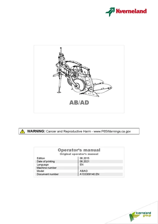 Kverneland AB AD Ploughs -Conventional- Mounted 2015 North America Operation Maintenance Manual PDF download