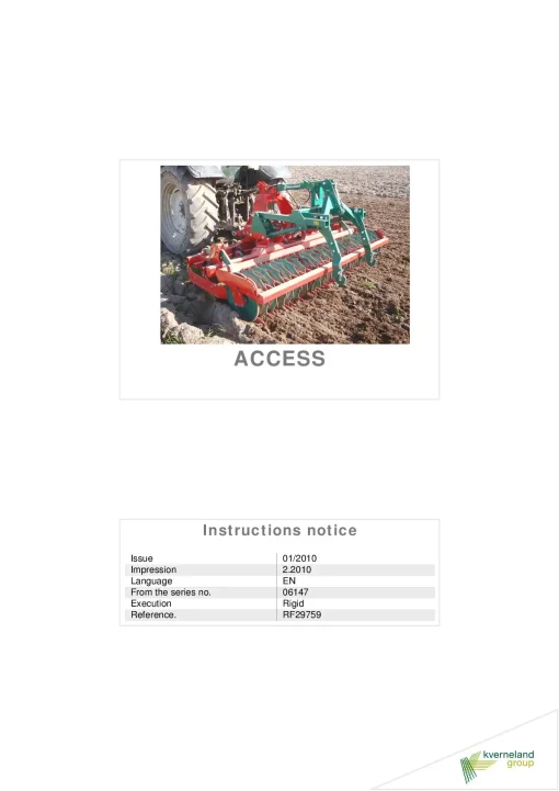 Kverneland ACCESS Cultivators seedbed 2010 Operation Maintenance Manual PDF download