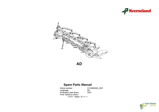 Kverneland AD Ploughs Conventional Mounted 2021 Parts Manual Catalog Pdf Download
