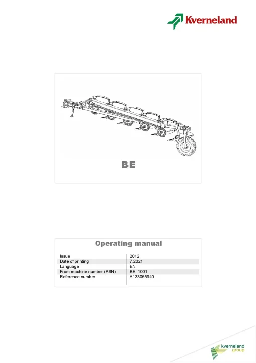 Kverneland BE Ploughs -Conventional- Semi mounted 2014 Operation Maintenance Manual PDF download
