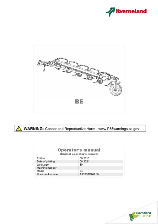 Kverneland BE Ploughs -Conventional- Semi mounted 2015 North America Operation Maintenance Manual PDF download