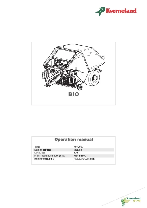 Kverneland BIO Baler-wrappers 2008 Operation Maintenance Manual PDF download