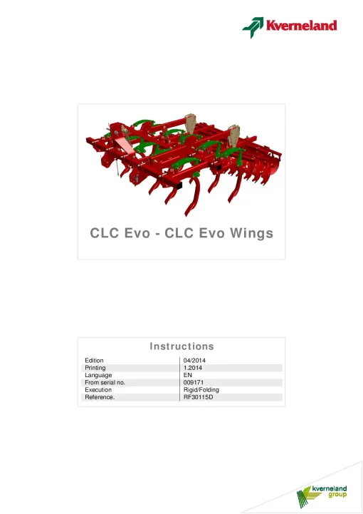 Kverneland CLC EVO -SLC Evo Wings Cultivators Stubble 2014 Operation Maintenance Manual PDF download