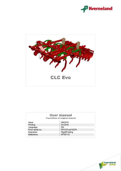 Kverneland CLC EVO Stubble Cultivators 2016 Operation Maintenance Manual PDF download