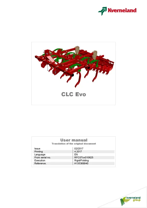 Kverneland CLC EVO Stubble Cultivators 2017 North Amnerica Operation Maintenance Manual PDF download