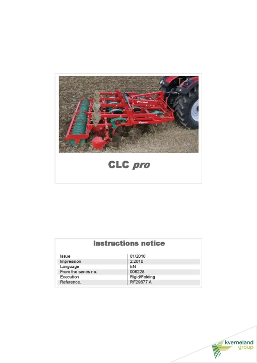 Kverneland CLC PRo -Pro Classic-Cut Stubble Cultivators 2010 Operation Maintenance Manual PDF download
