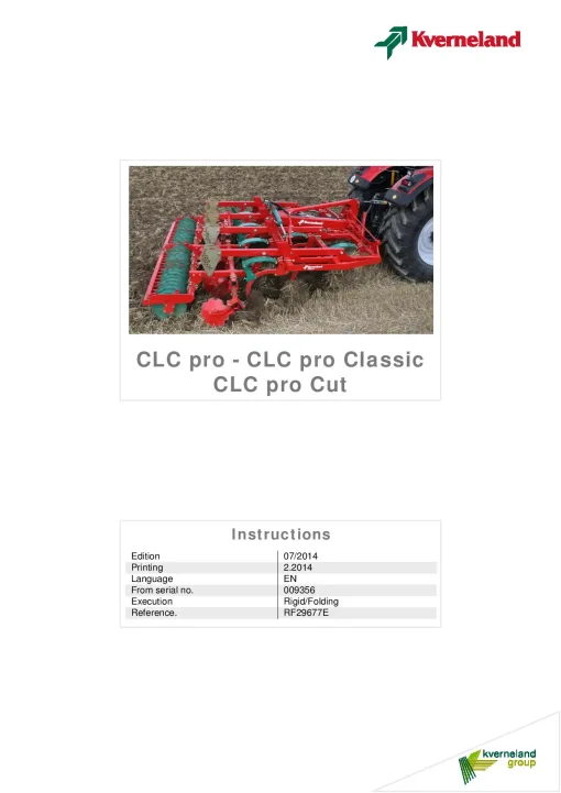 Kverneland CLC PRo -Pro Classic-Cut Stubble Cultivators 2014 Operation Maintenance Manual PDF download