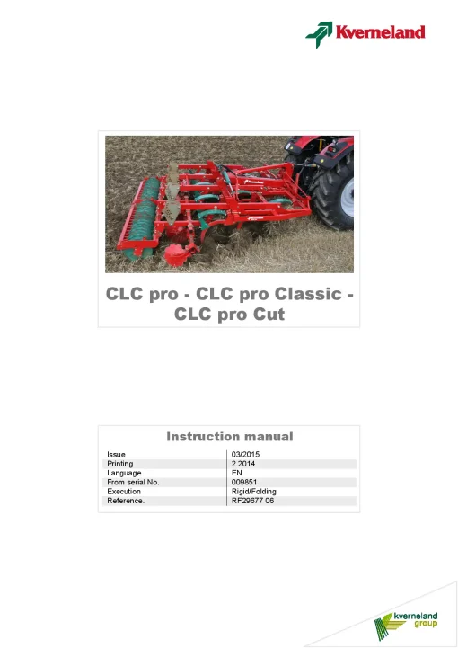 Kverneland CLC PRo -Pro Classic-Cut Stubble Cultivators 2015 Operation Maintenance Manual PDF download