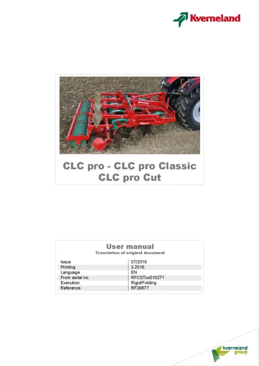 Kverneland CLC PRo -Pro Classic-Cut Stubble Cultivators 2016 Operation Maintenance Manual PDF download