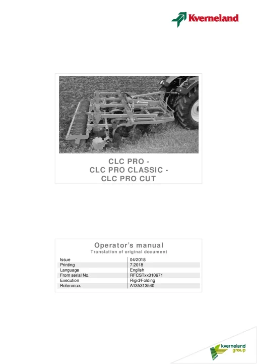 Kverneland CLC PRo -Pro Classic-Cut Stubble Cultivators 2018 Operation Maintenance Manual PDF download