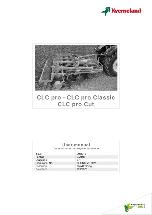Kverneland CLC PRo -Pro Classic-Cut Stubble Cultivators 2018 Sn 010971 Operation Maintenance Manual PDF download