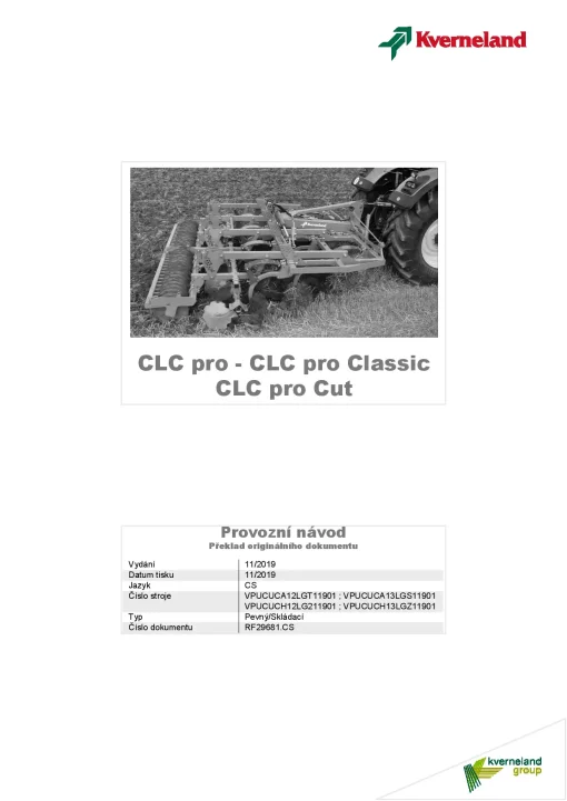 Kverneland CLC PRo -Pro Classic-Cut Stubble Cultivators 2019 Operation Maintenance Manual PDF download
