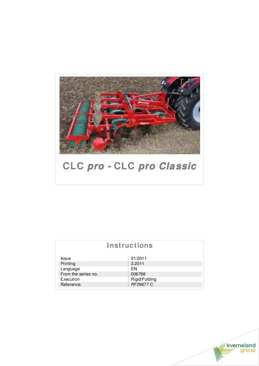 Kverneland CLC Pro -Classic Stubble Cultivators 2011 Operation Maintenance Manual PDF download