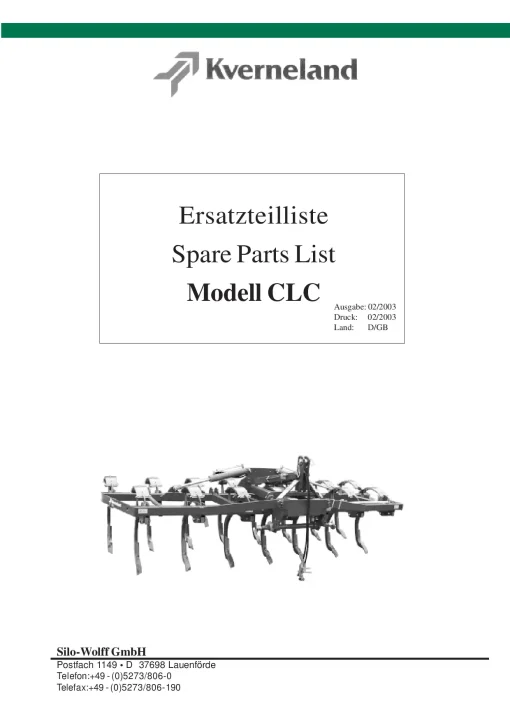 Kverneland CLC Stubble Cultivators 2003 Parts Manual Catalog Pdf Download