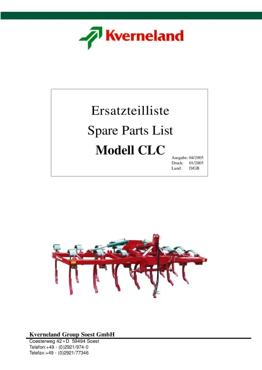 Kverneland CLC Stubble Cultivators 2005 Parts Manual Catalog Pdf Download