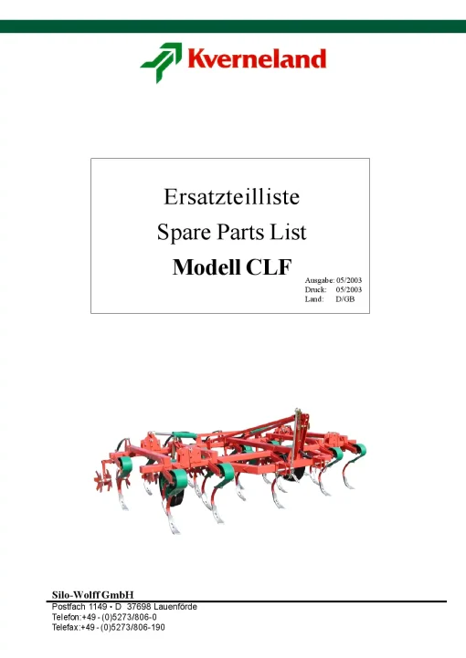 Kverneland CLF Cultivators Stubble 2003 Parts Manual Catalog Pdf Download